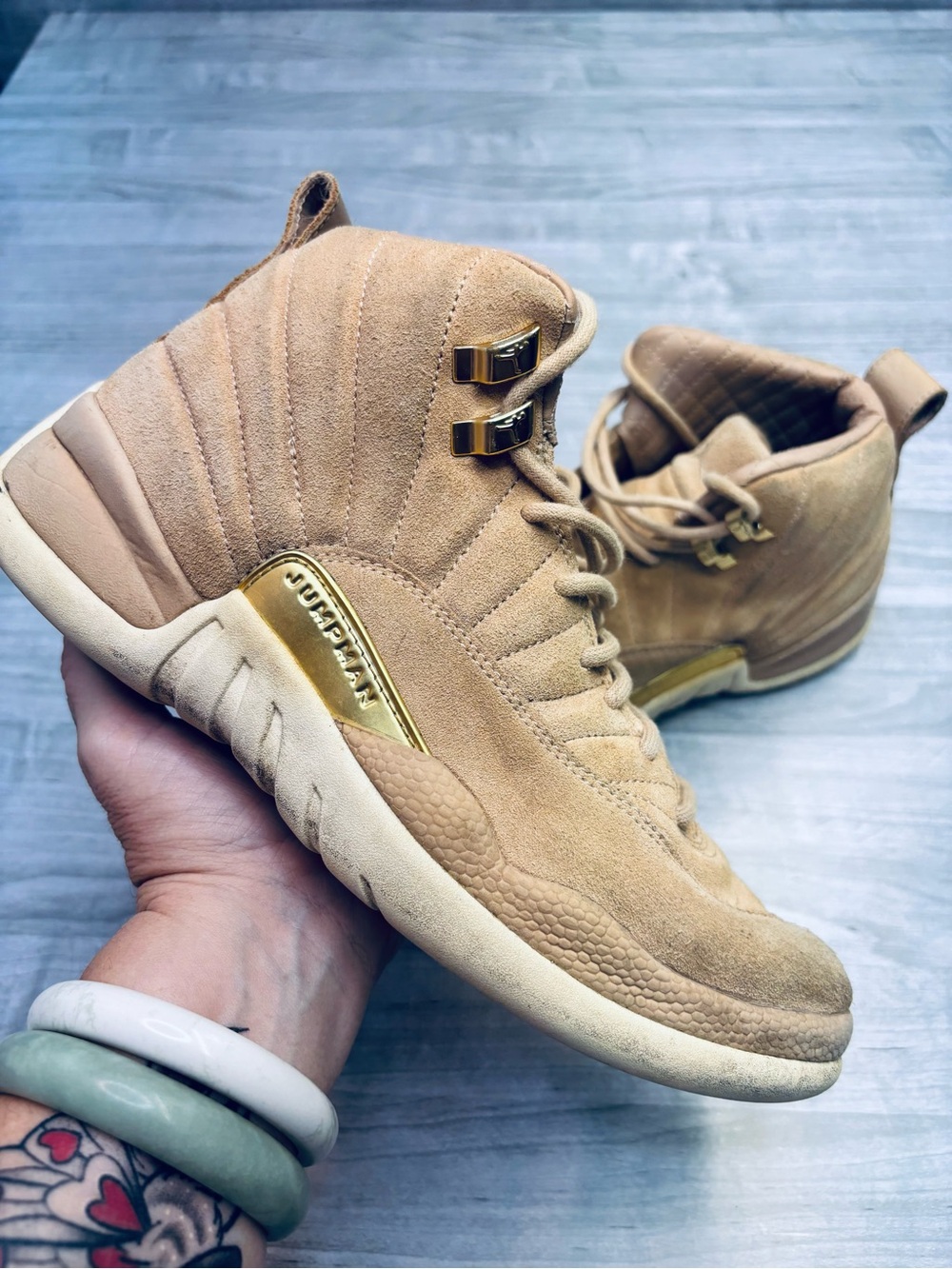 Air Jordan 12 Retro 'Vachetta Tan' Suede Jumpman Gold accent woman’s 8.5
